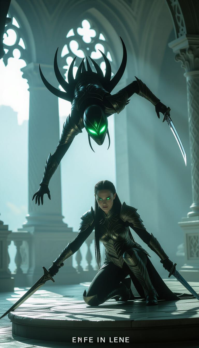 Alien Warrior Flip on Gothic Balcony - Sci-Fi Concept Art