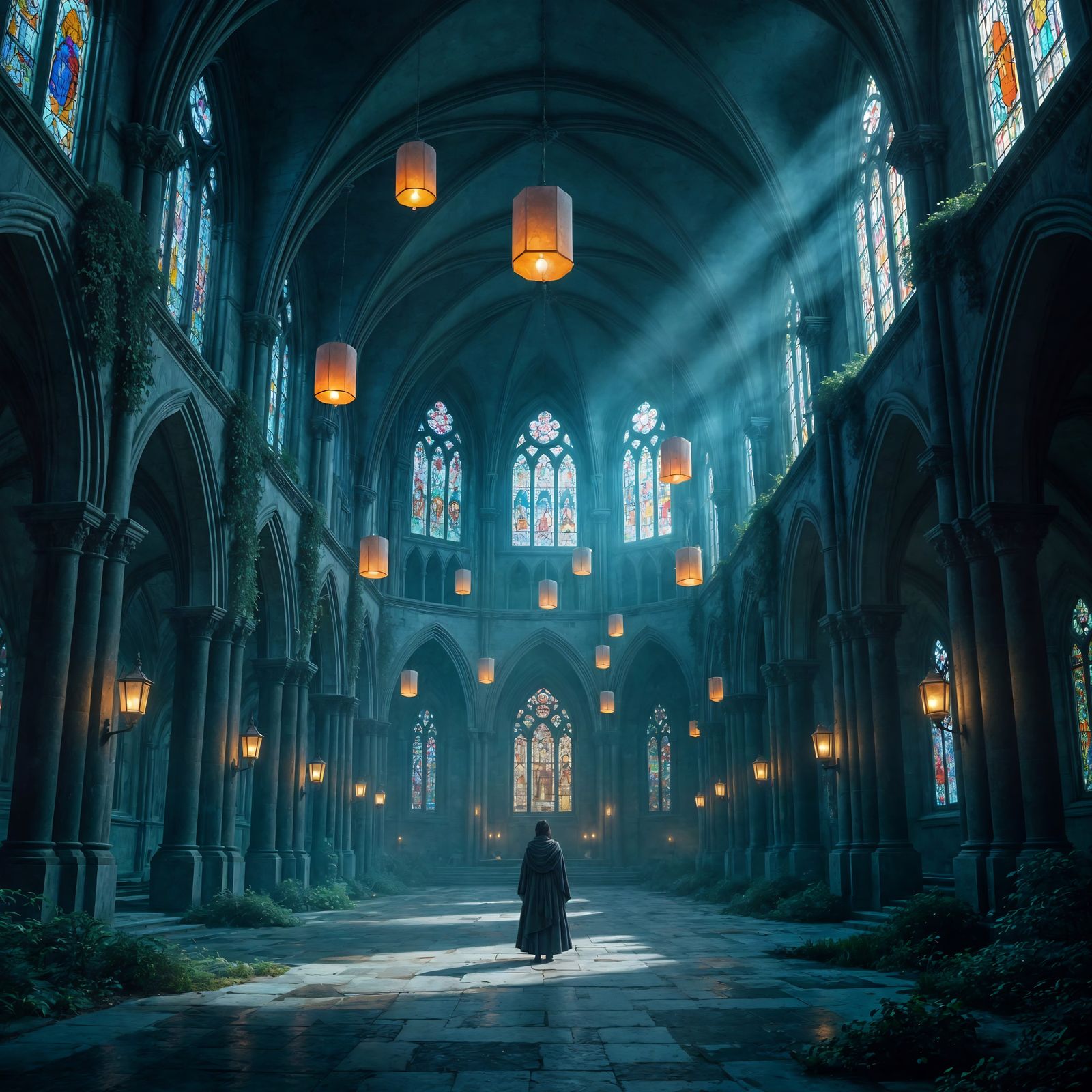 Ancient Cathedral Reclaimed by Nature in Moonlight