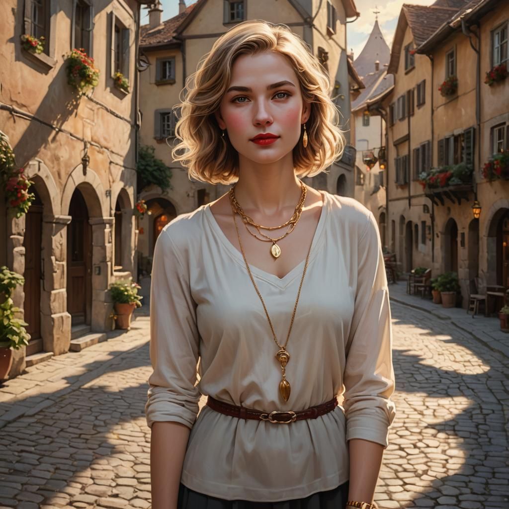 Elegant Woman in European Village, Fantasy Concept Art