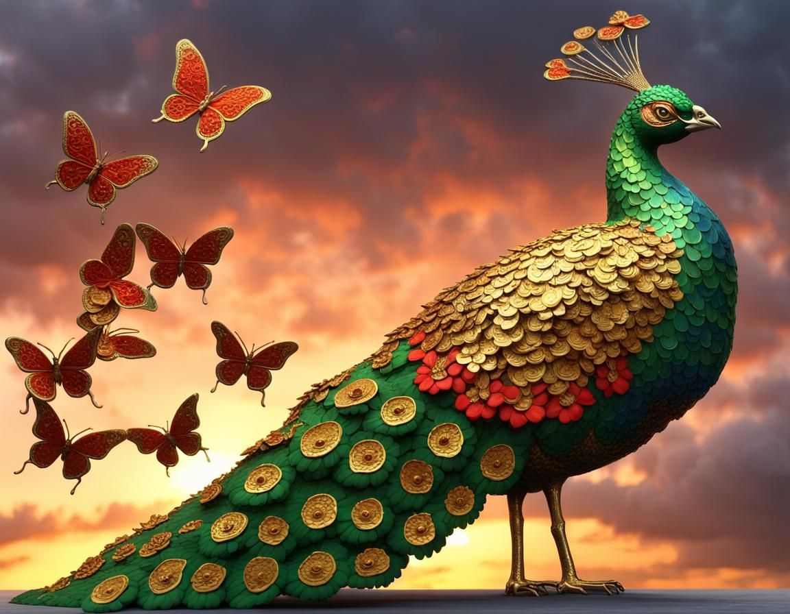 Golden Floral Peacock with Metal Butterflies