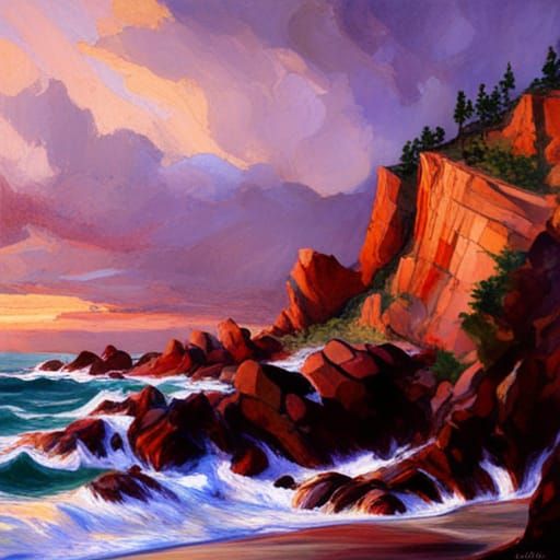 Dramatic Rocky Shoreline in Stained Glass Style