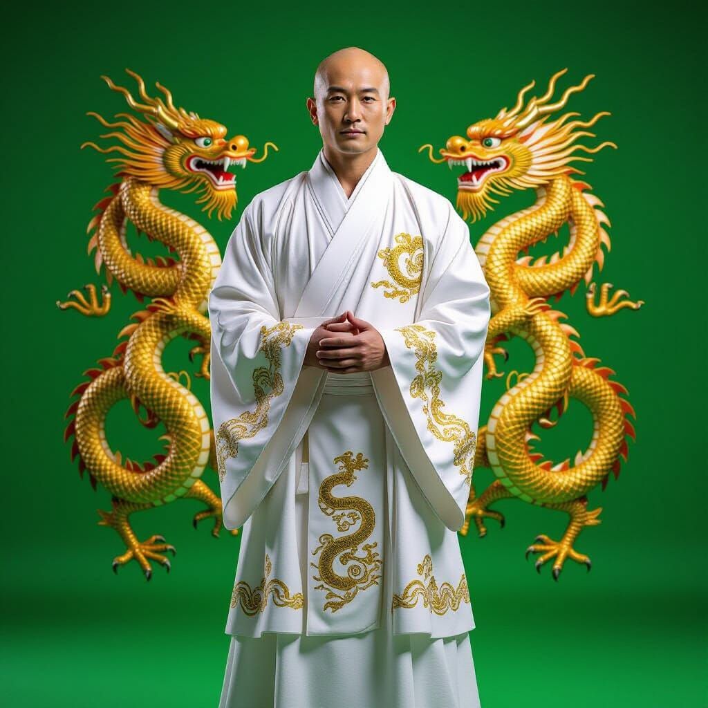 Bald Chinese Monk in White Dragon Robe, Photorealistic