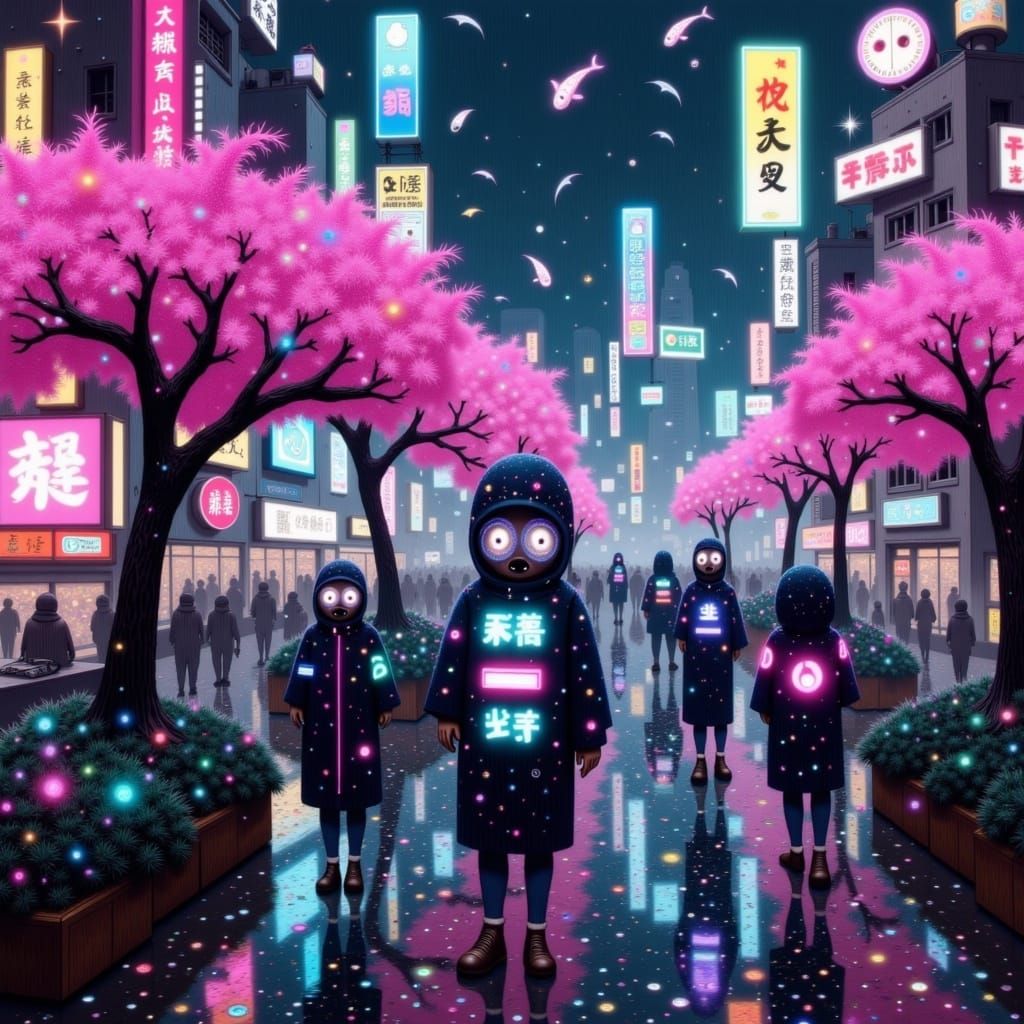 Cyberpunk Festival with Glowing Kimonos and Holographic Koi