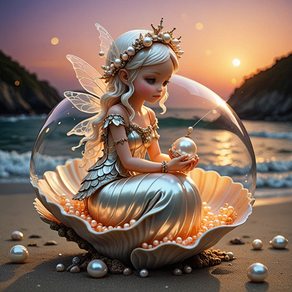 Ethereal Fairy in Shell, Caught in Sunset Harmony