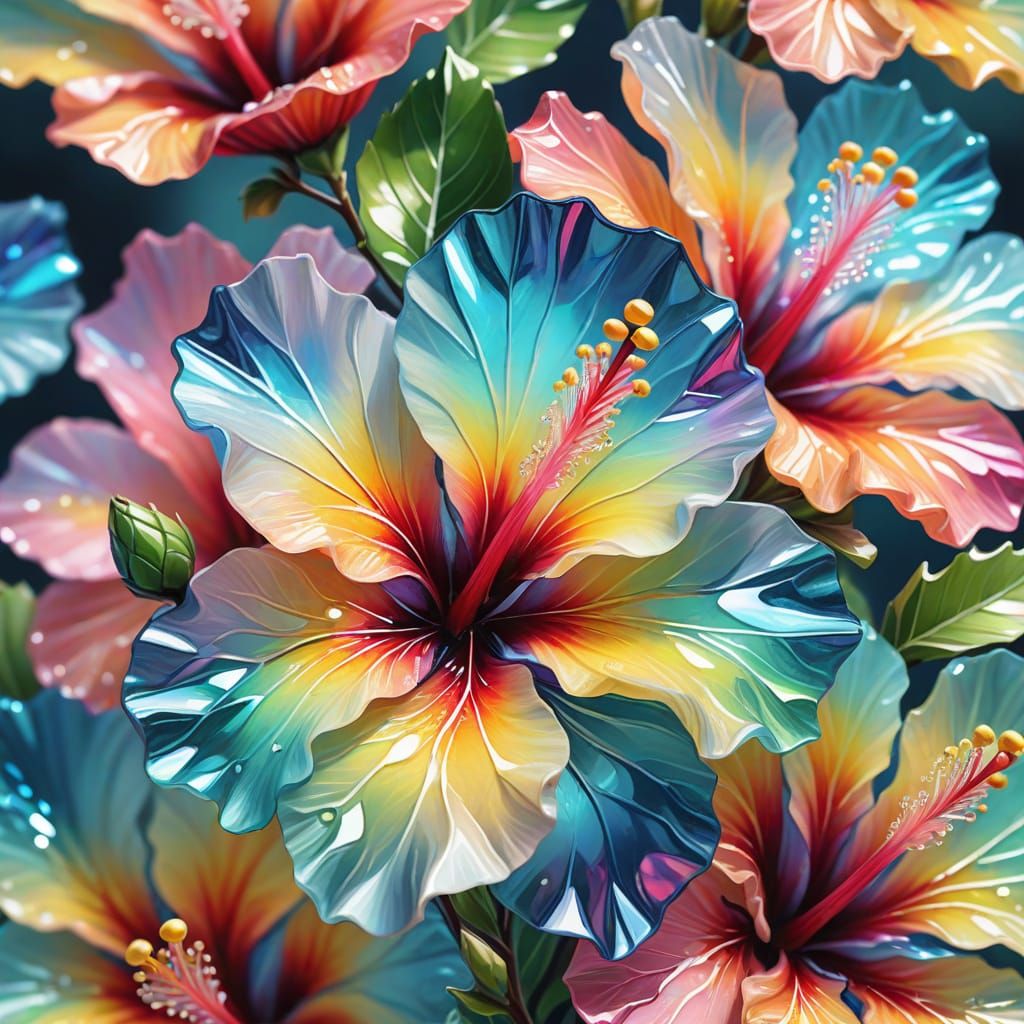 Crystal Hibiscus Flowers in Vibrant Oil Painting Style