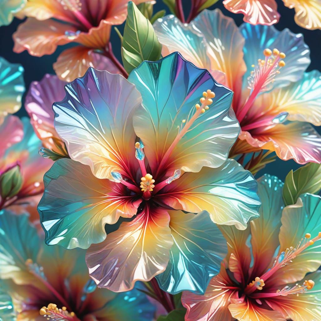 Crystal Hibiscus Flowers in Hyperrealistic Digital Art