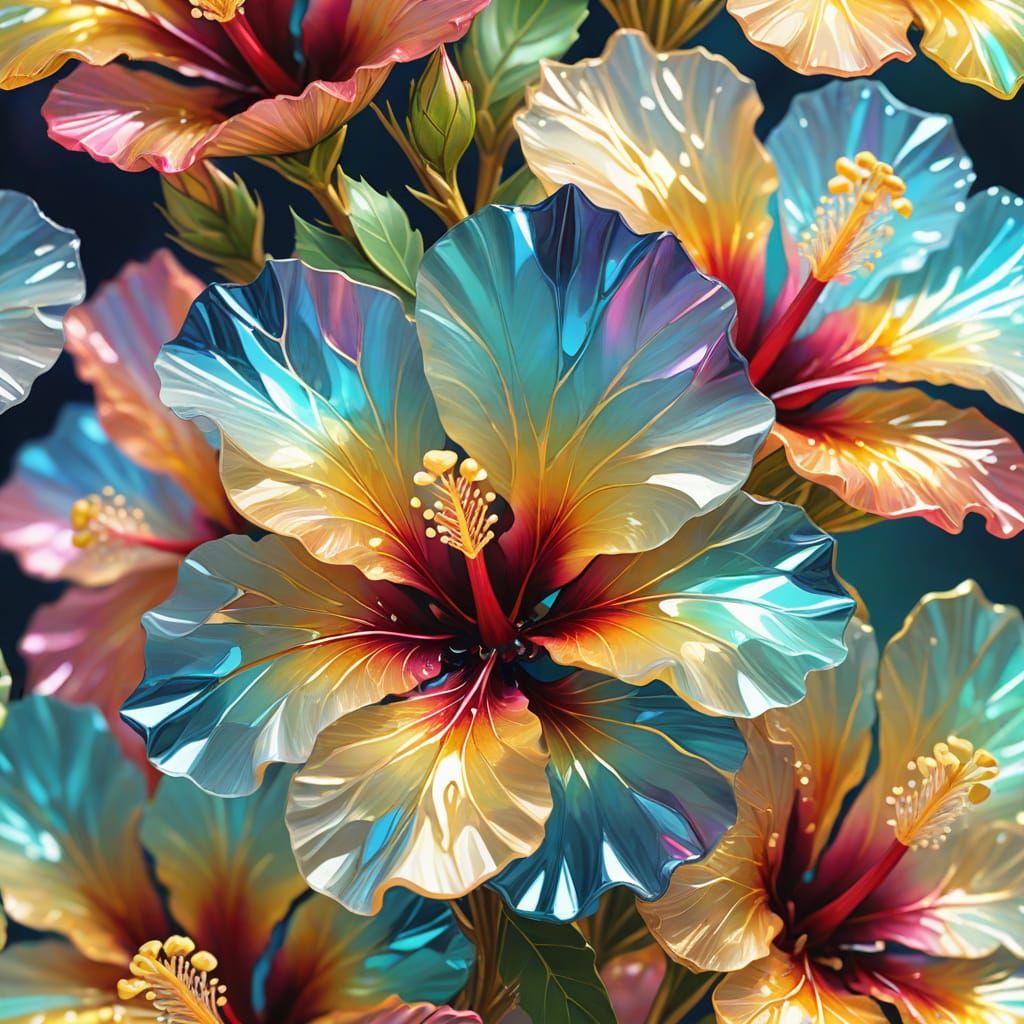 Crystal Hibiscus Flowers in Vibrant Oil Painting Style