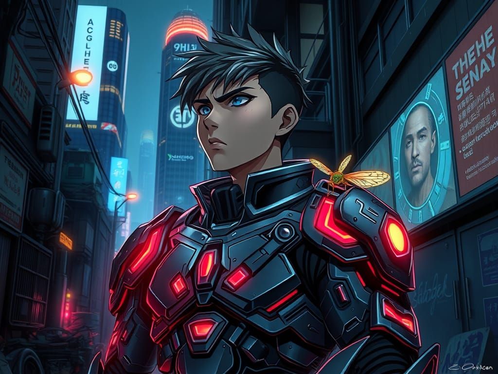 Neon-Lit Techno-Armor in Dystopian Anime Cityscape
