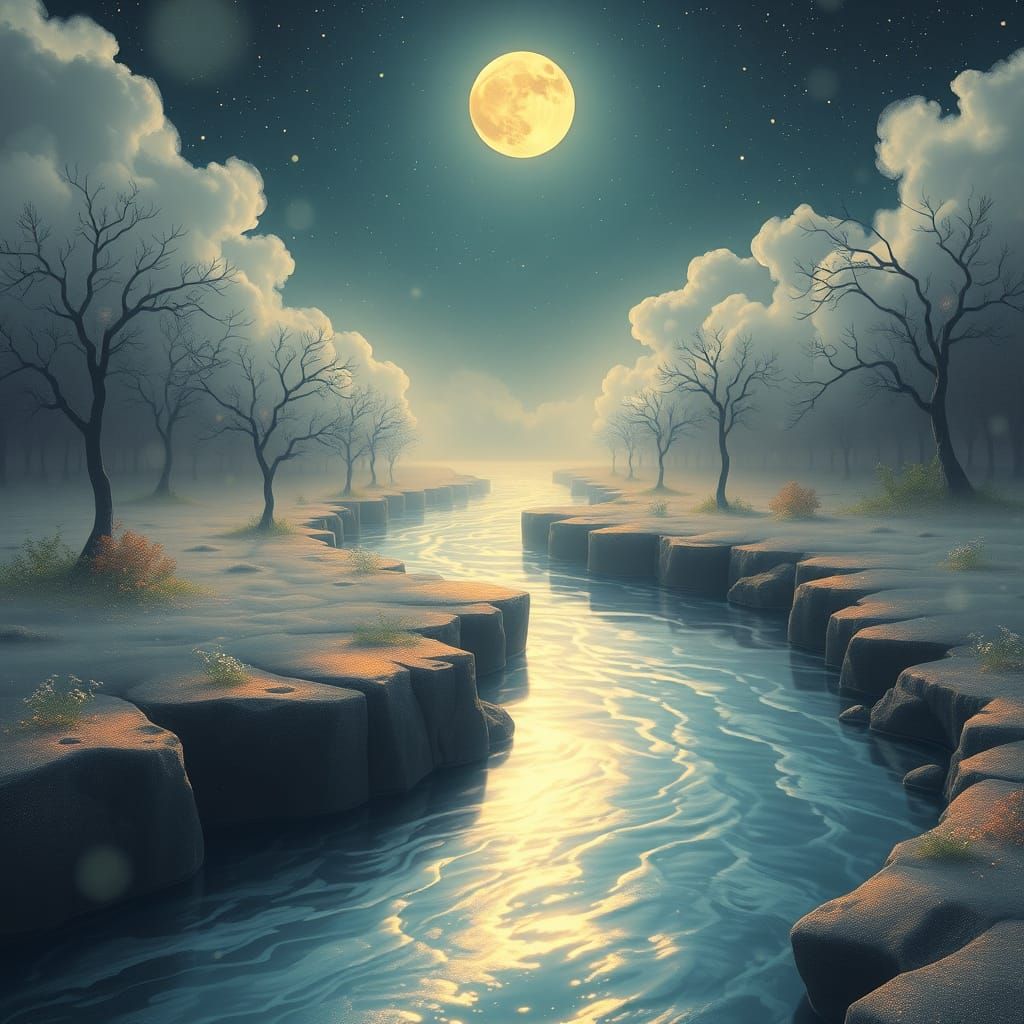 Dreamlike River Reflects Moon in Art Nouveau Style