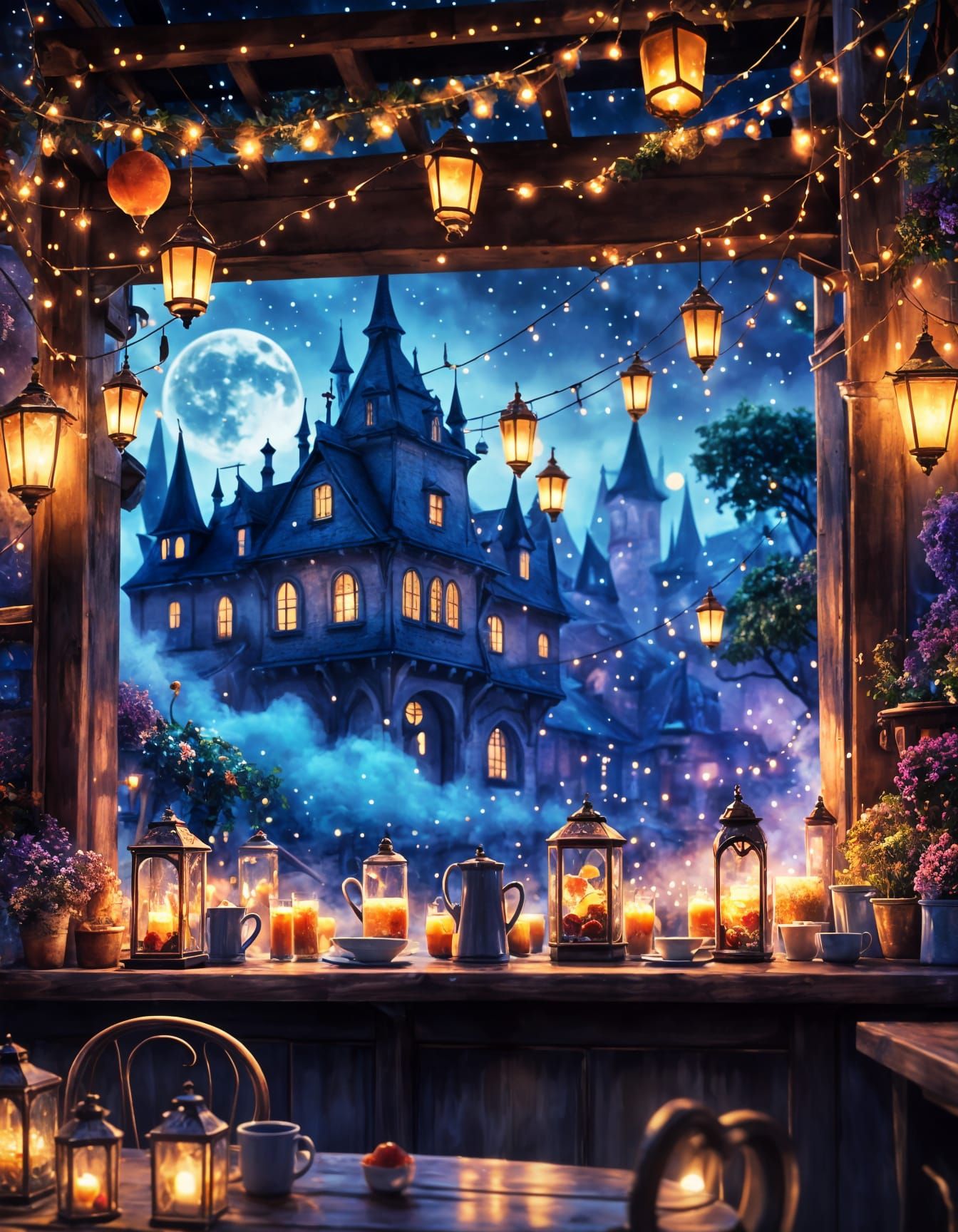 Enchanted Cafe at Night with Fairylights and Moonlight