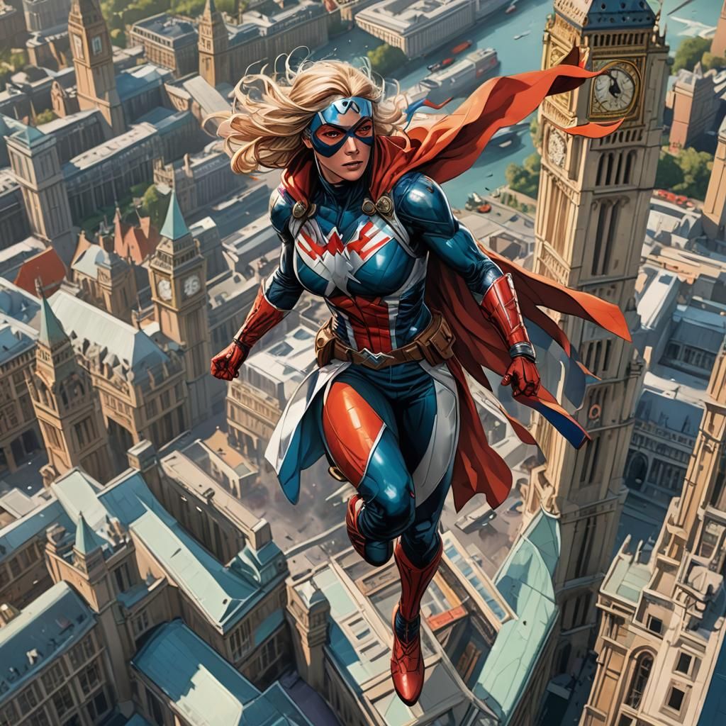Female Captain Britain Flies Over Big Ben in Comic Style