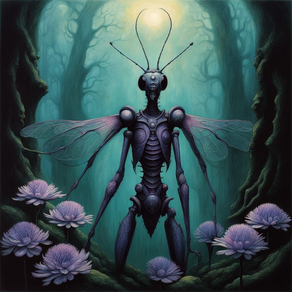 Iridescent Bee-Mantis Perched on a Vibrant Flower