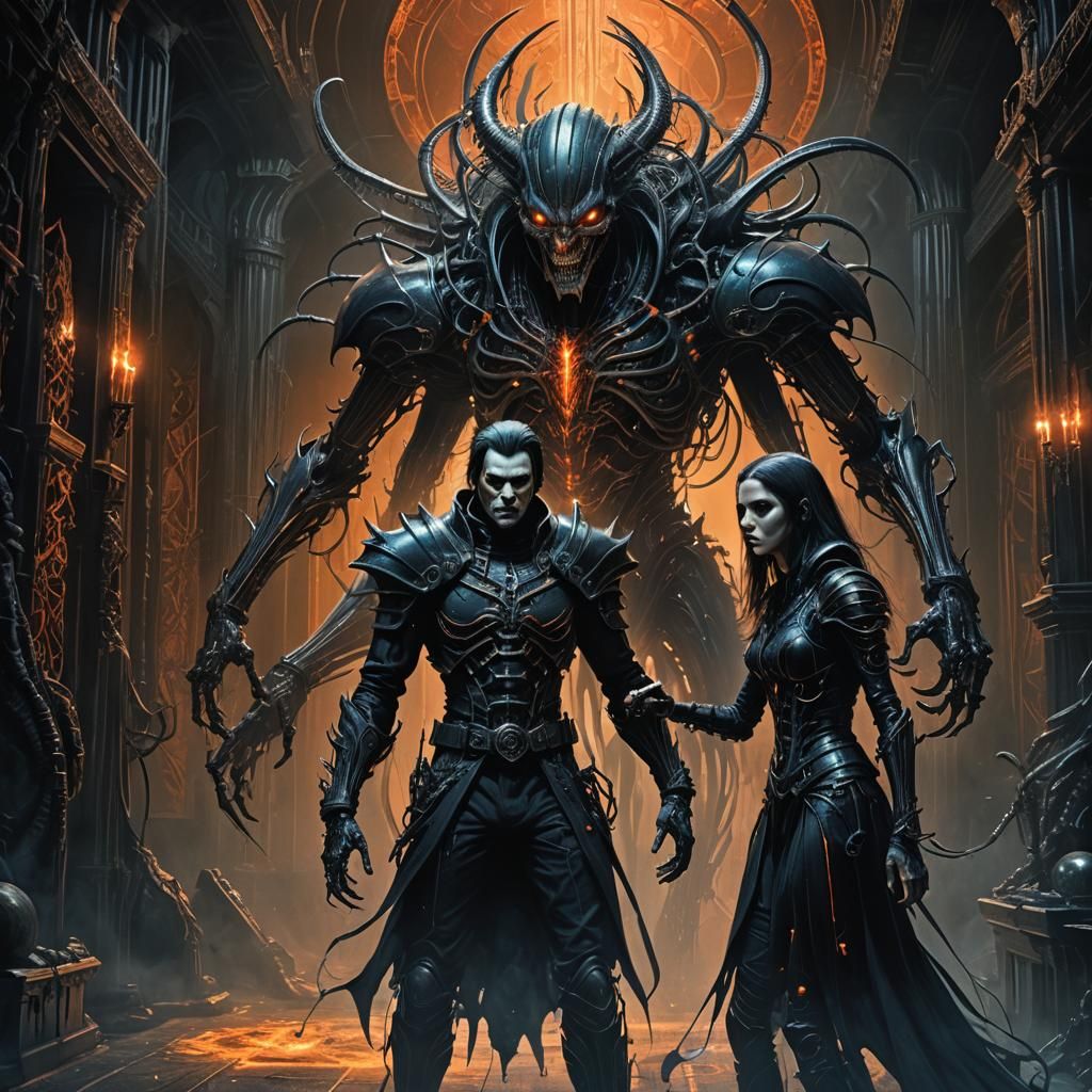 Biomechanical Vampire Attack in Gothic Chamber