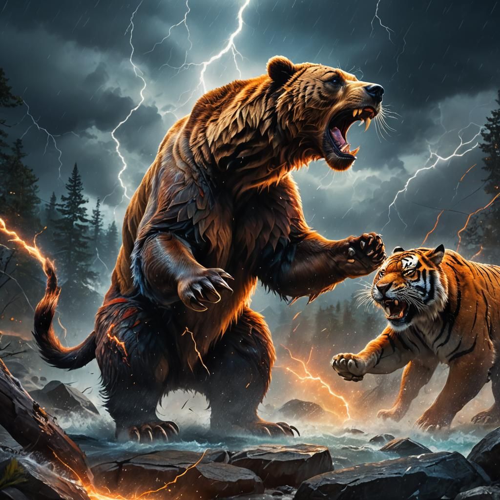 Epic Battle of a Grizzly Bear vs a Mighty Tiger in a Stormy....