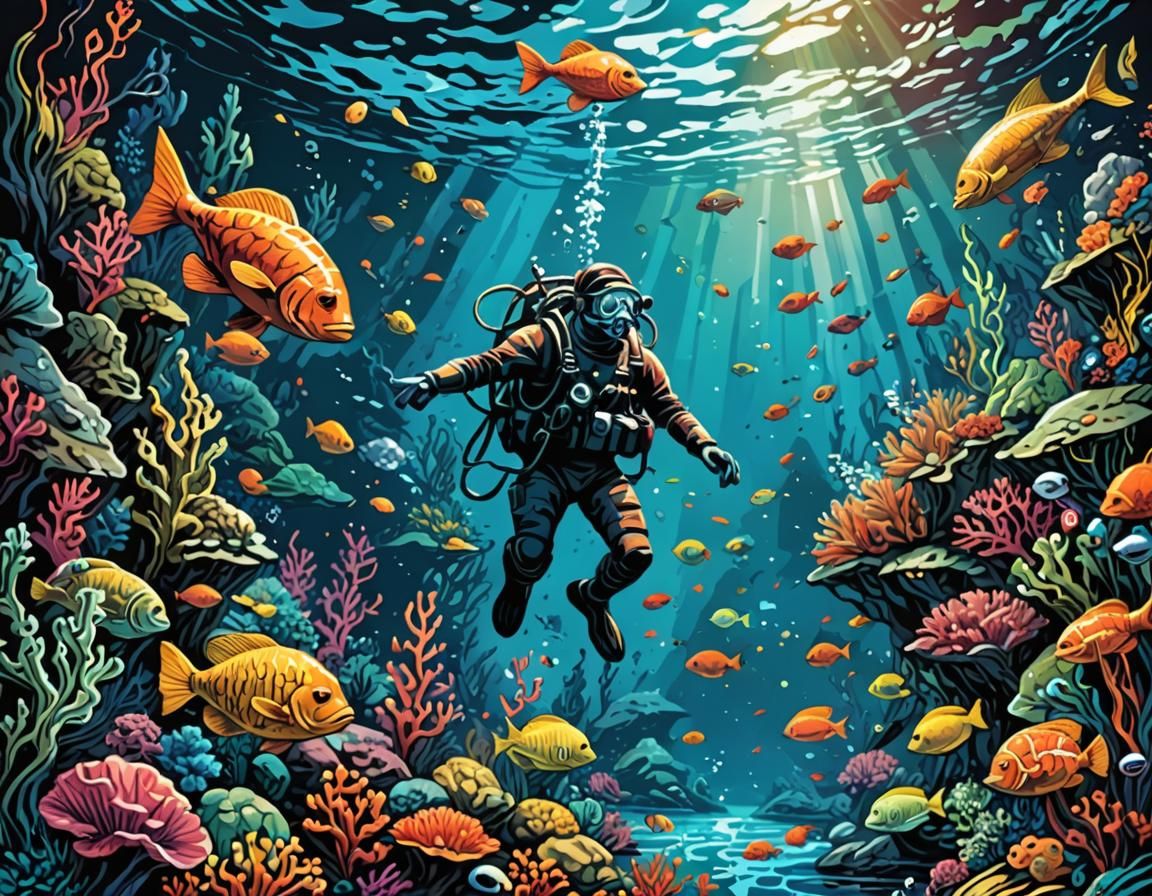 Paint-by-numbers kit featuring a colorful underwater scene