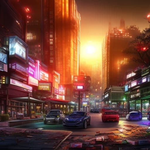 Bonsai City at Night: Cartoon Oil Painting