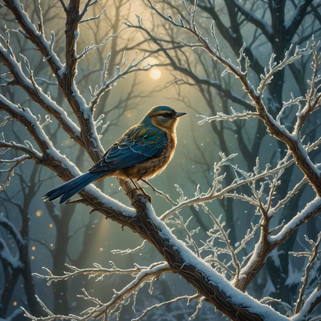 Lone Bird on Winter Branch in Fantasy Art Style
