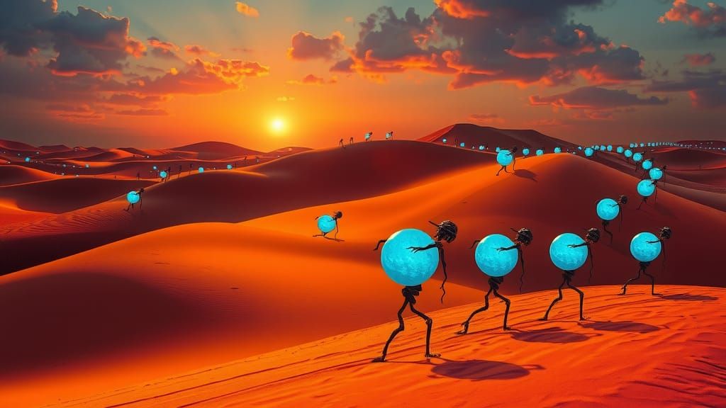 Dreamlike Desert Landscape with Scarecrows, Surreal Architec...