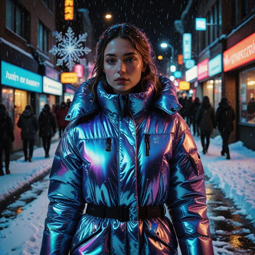 Iridescent Puffer Suit in Neon-Lit Snowy Street
