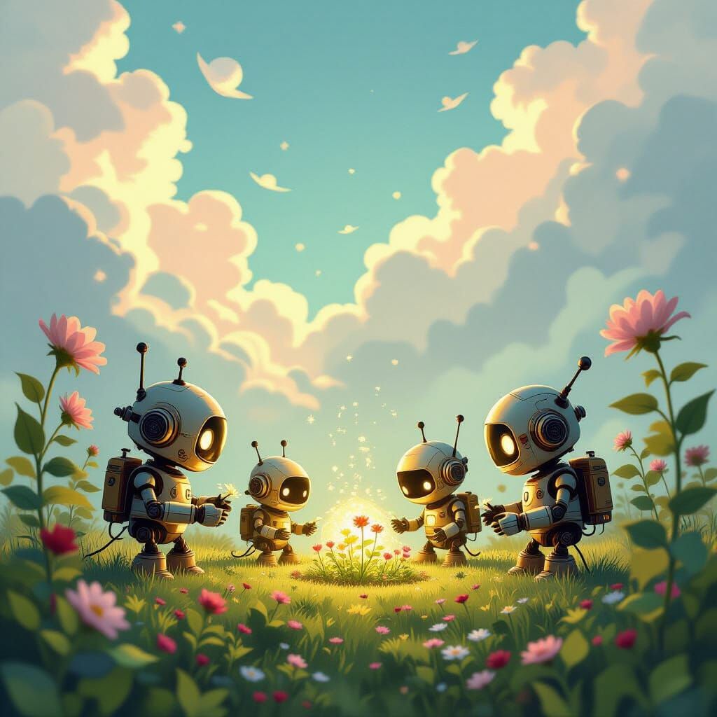 Steampunk Robots Tending a Glowing Garden