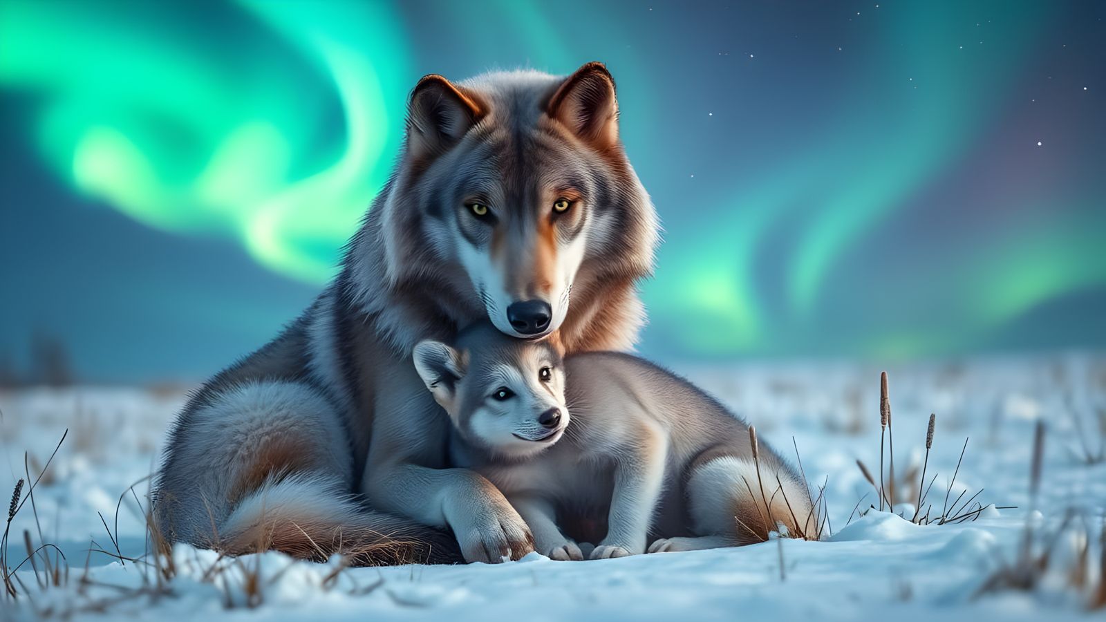 Grey Wolf and Cub Share Heartwarming Moment in Snowy Meadow