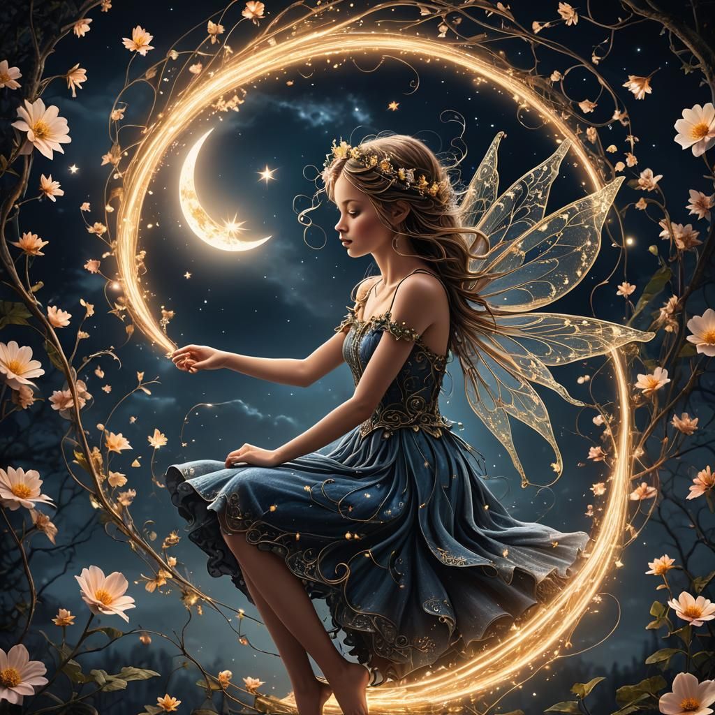 Ethereal Fairy on Flower Under Moonlight