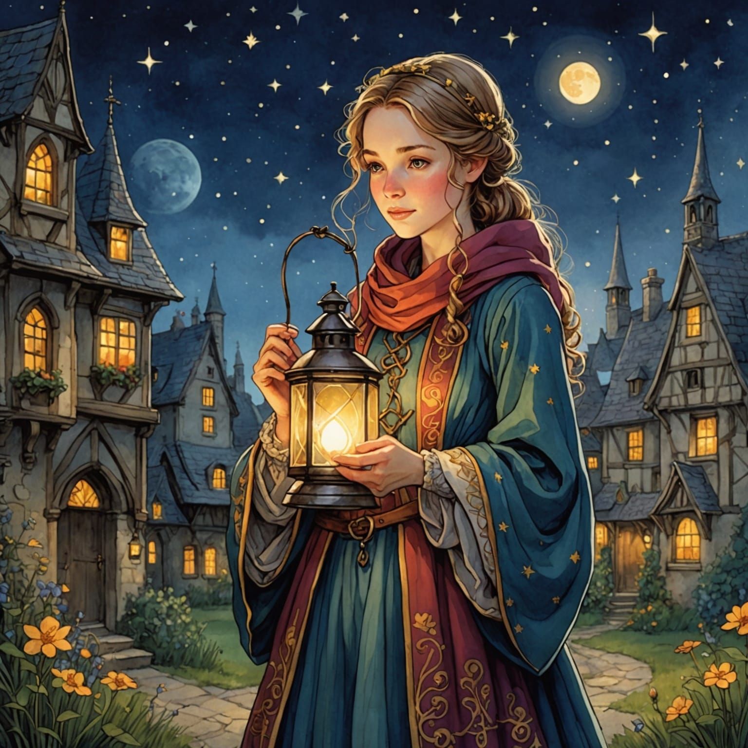 Medieval Woman with Lantern in Anime Style
