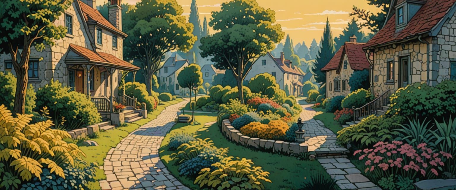 Quaint Village Scene in Comic Book Watercolor Style