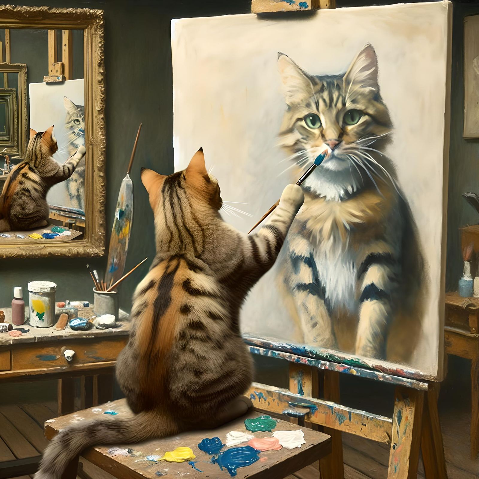 Feline Artist: A Cat's Self-Portrait in Oils