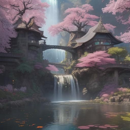 Fantastical Urban Landscape with Waterfalls and Ponds