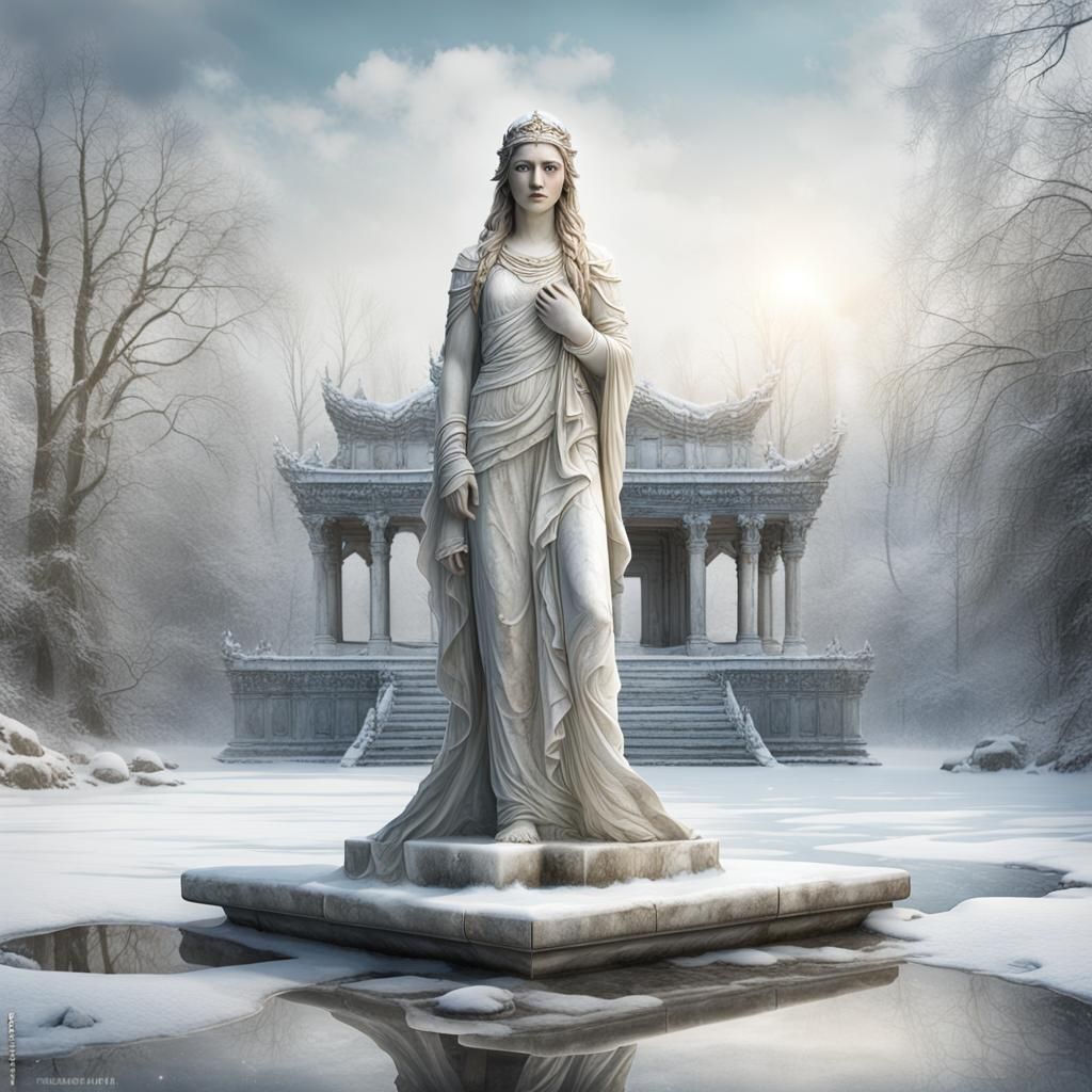 Marble Woman Statue in Snowy Temple, Photorealistic Art