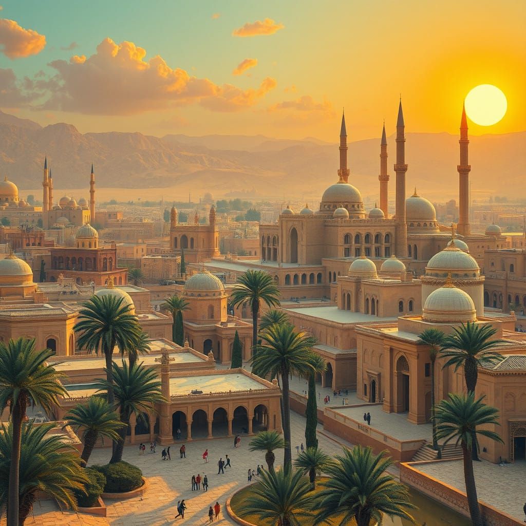 Luminous Faiyum Cityscape Under Desert Sunset