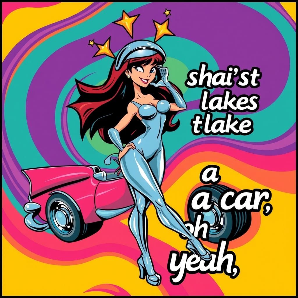 Cartoon of a girl who is built like a car with a hubcap diamond star halo and text that says "She's built like a car, oh...