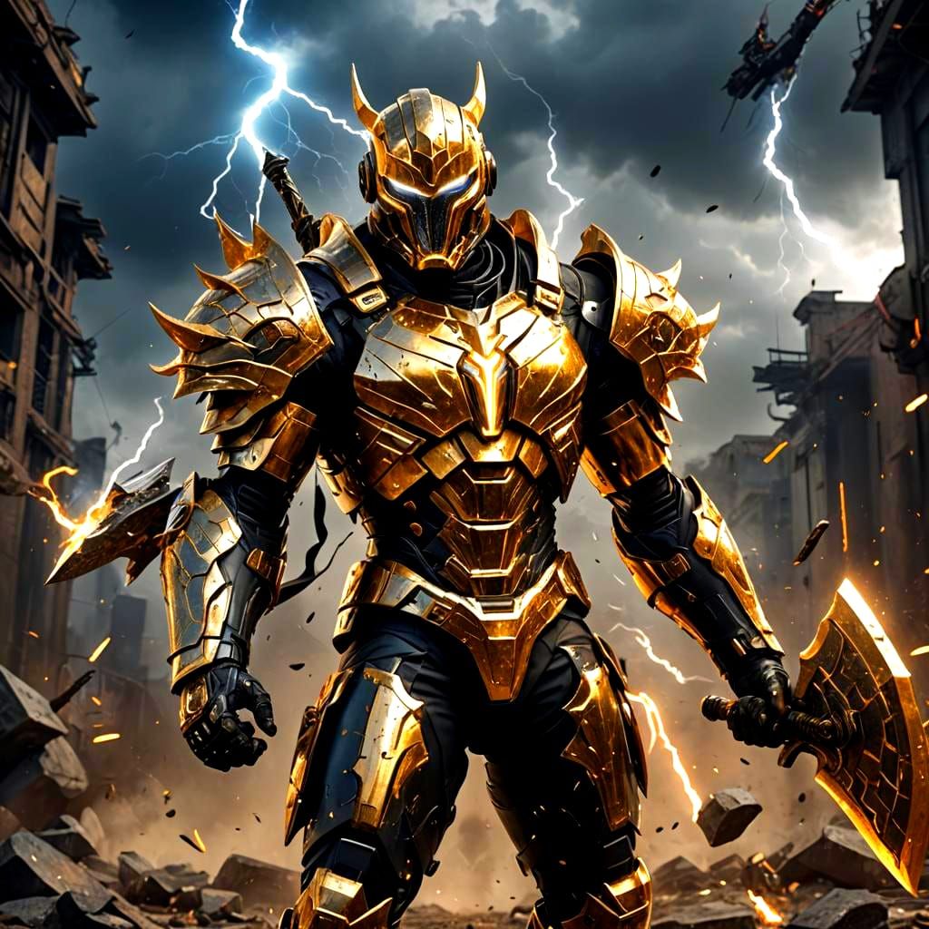 Cybernetic Superhero in Gold Armor with Lightning