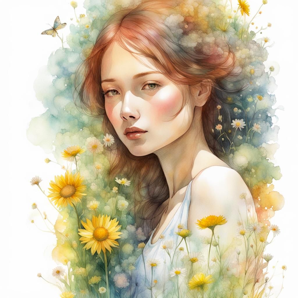 Composite Image: Woman and Summer Meadow in Watercolor Style