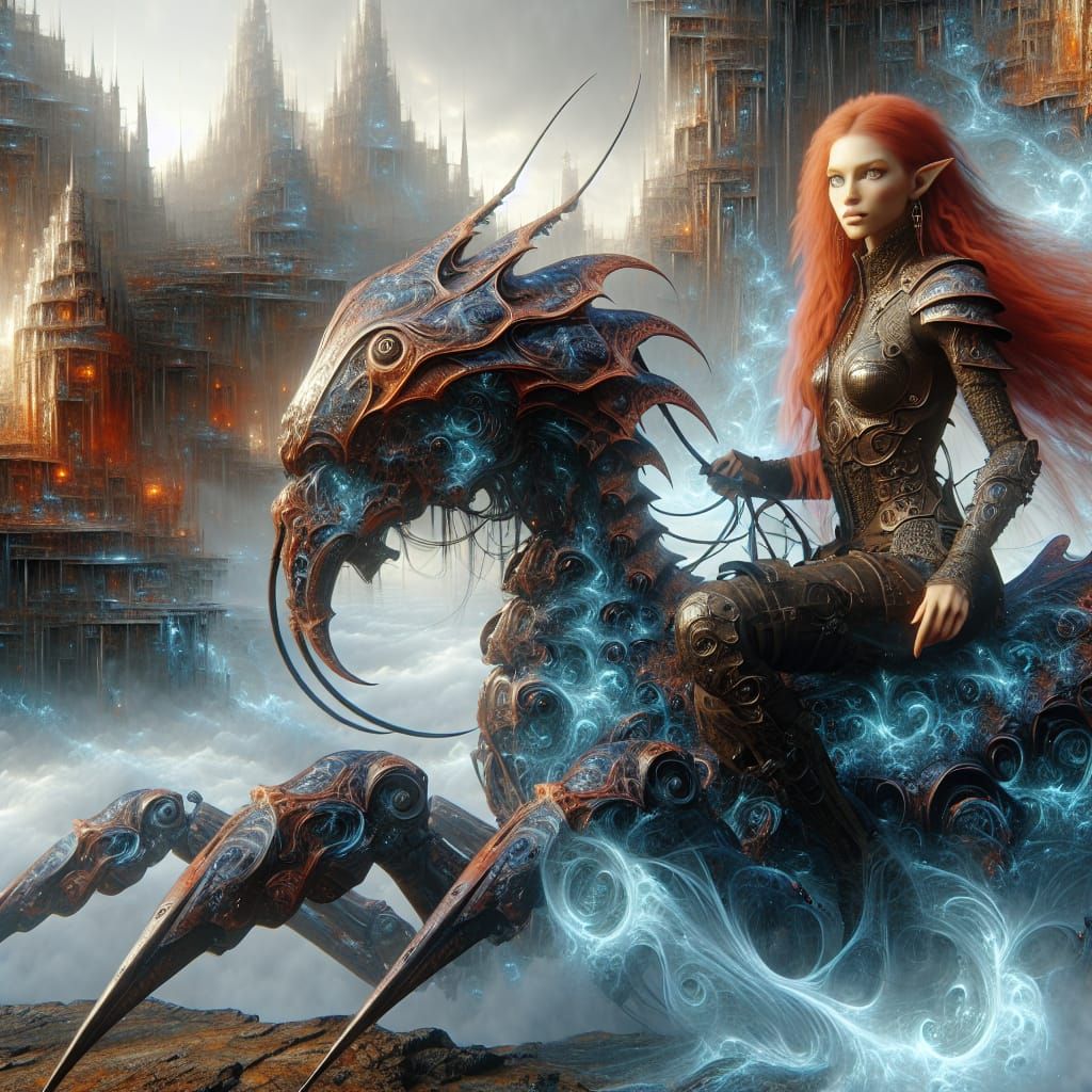 Woman Rides Mechanical Scorpion in Ancient City