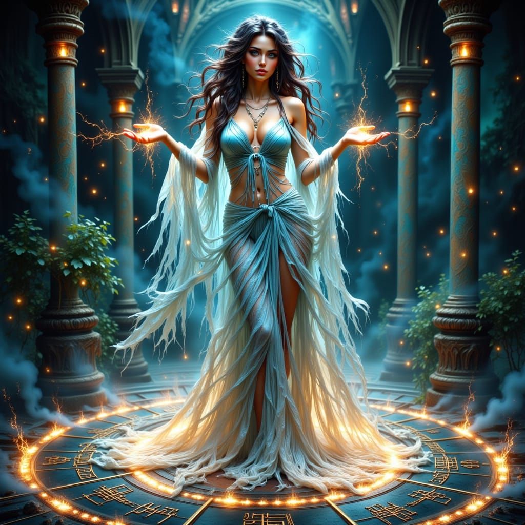 Ethereal Sorceress in Glowing Rune Circle