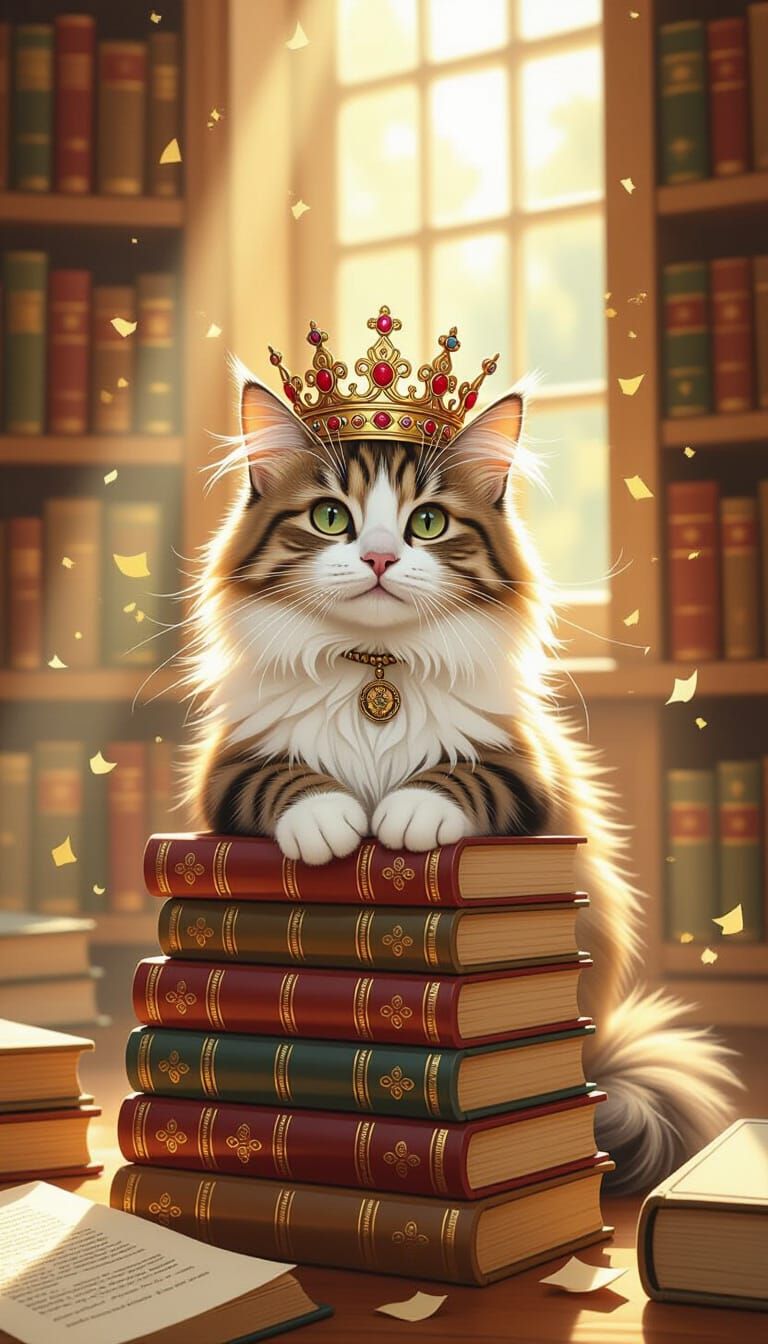 Cat in Crown on Books in Sunlit Library