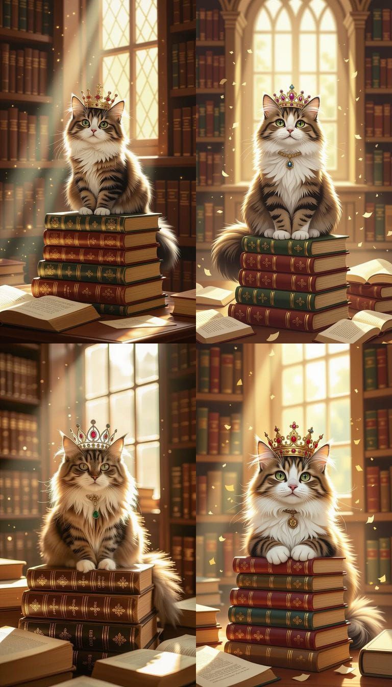Regal Cat on Books in Sunlit Library, Painterly Style