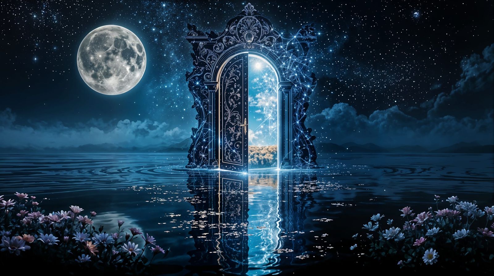 Full Moon Over Ocean with Door