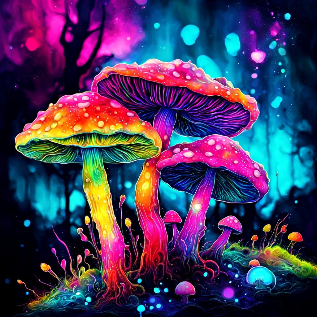 Ethereal Fantasy Mushrooms in Vibrant Neon Colors