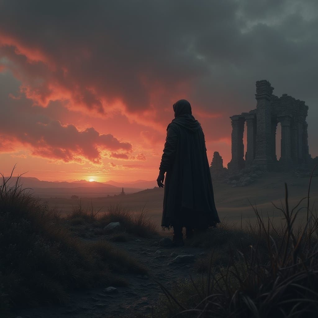 Twilight Moor: Solitary Figure in Dark Fantasy Landscape