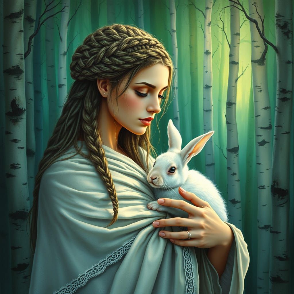 Majestic Celtic Warrior Goddess with Braided Hair and White....