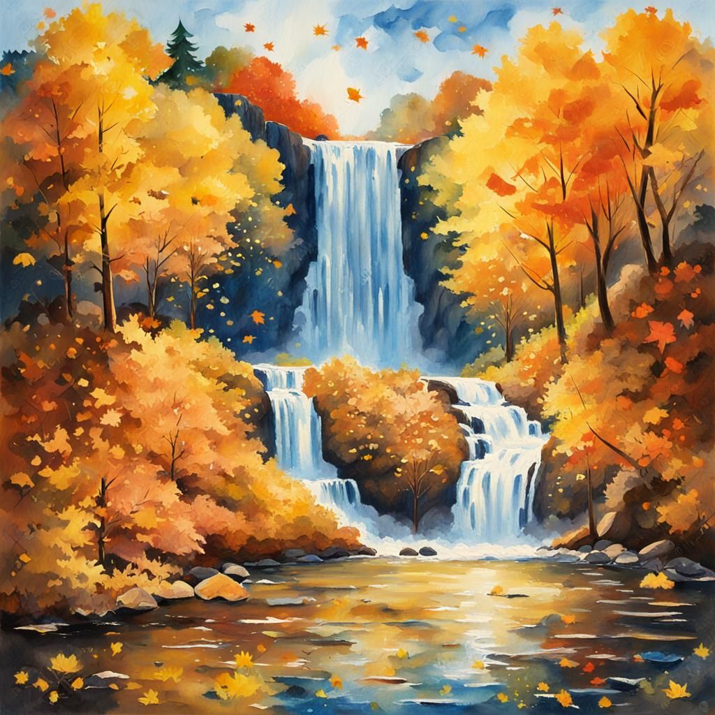 Golden Autumn Waterfall in Gouache Style