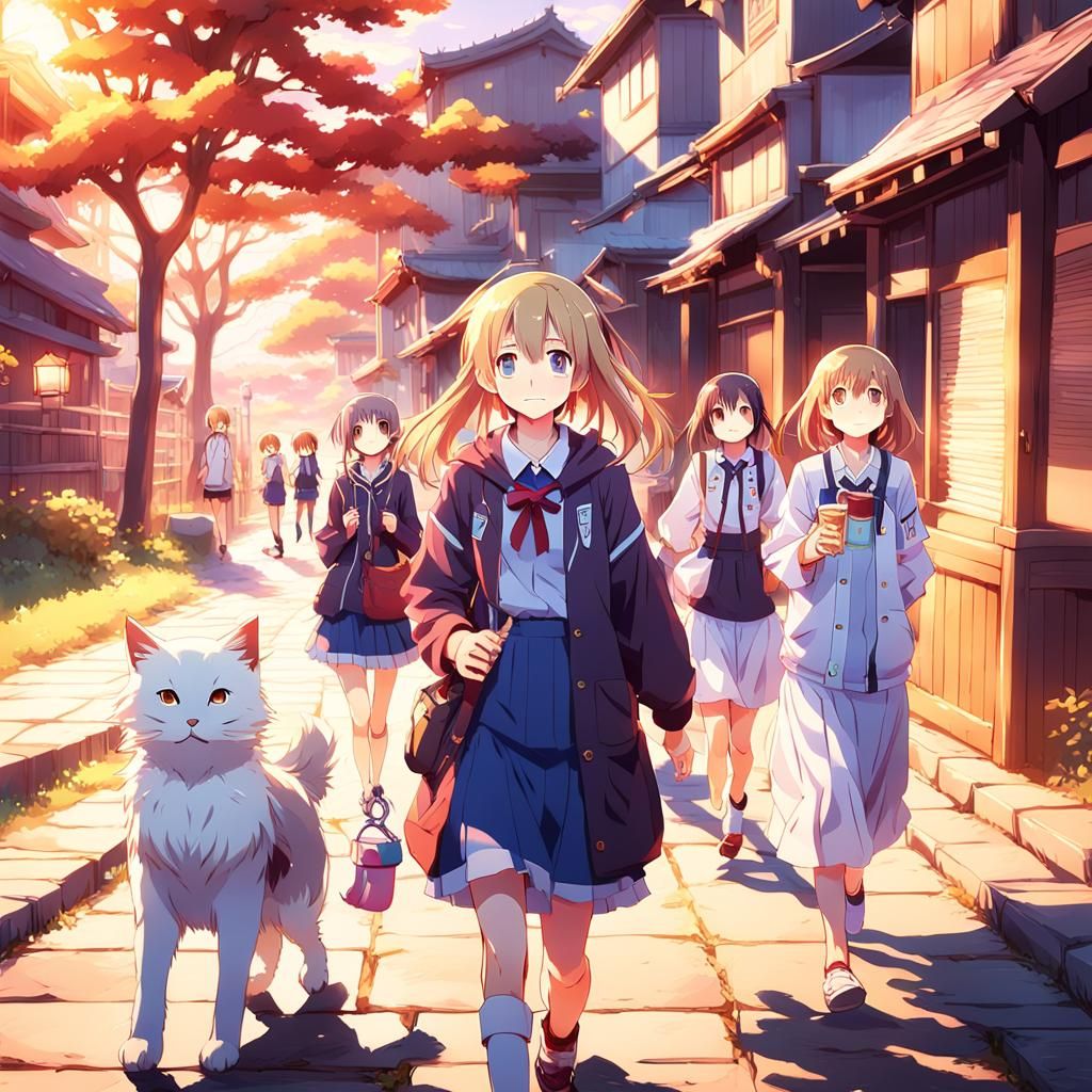 Vibrant Anime Scene at Sunset: Friends Gather in Joyful Mome...