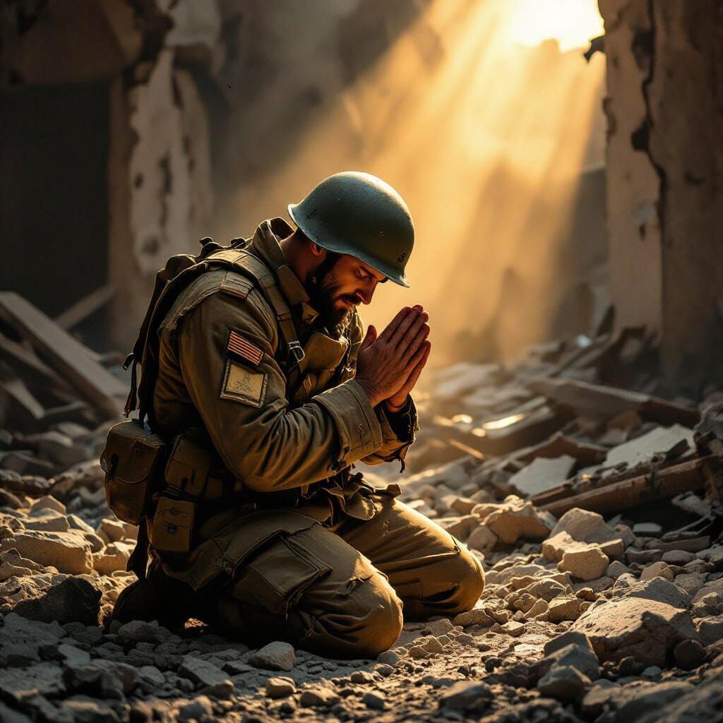Soldier in Prayer Amidst Devastation, Golden Light