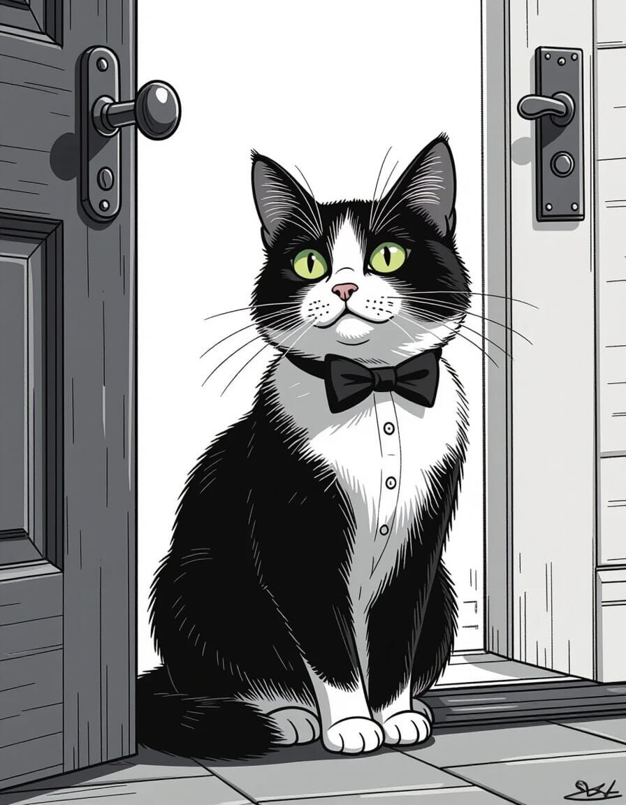 Tuxedo Cat Planning Escape: Digital Illustration
