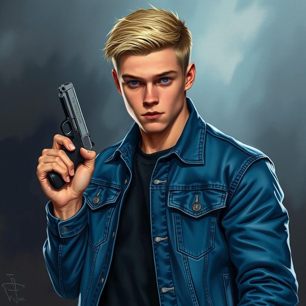 Blonde Man in Blue Holding Gun