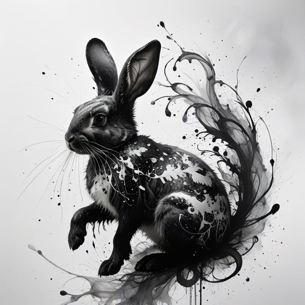 Ink Splash Art Rabbit on White Canvas