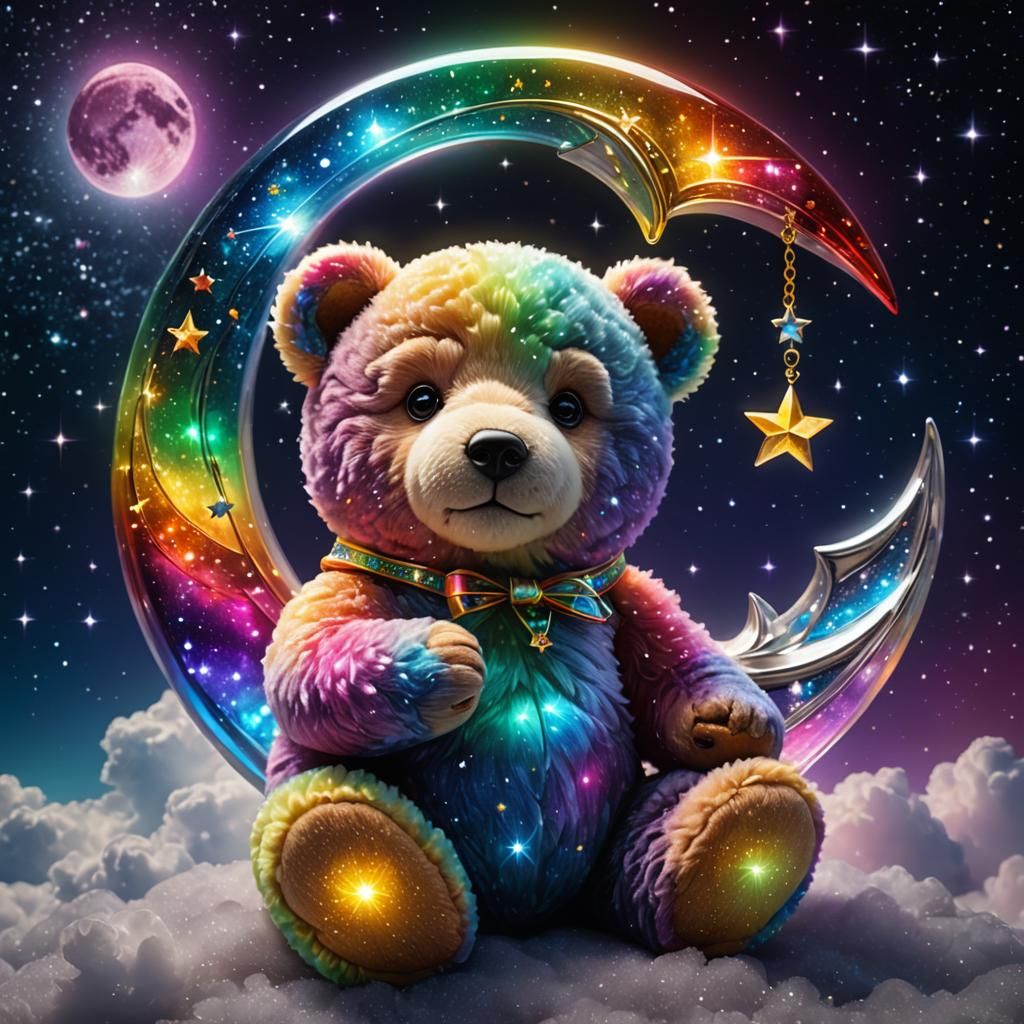 Rainbow Teddy Bear on Iridescent Crescent Moon